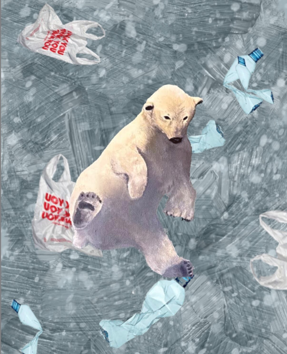 Polar bear floating among plastic bags and bottles on a grey textured background