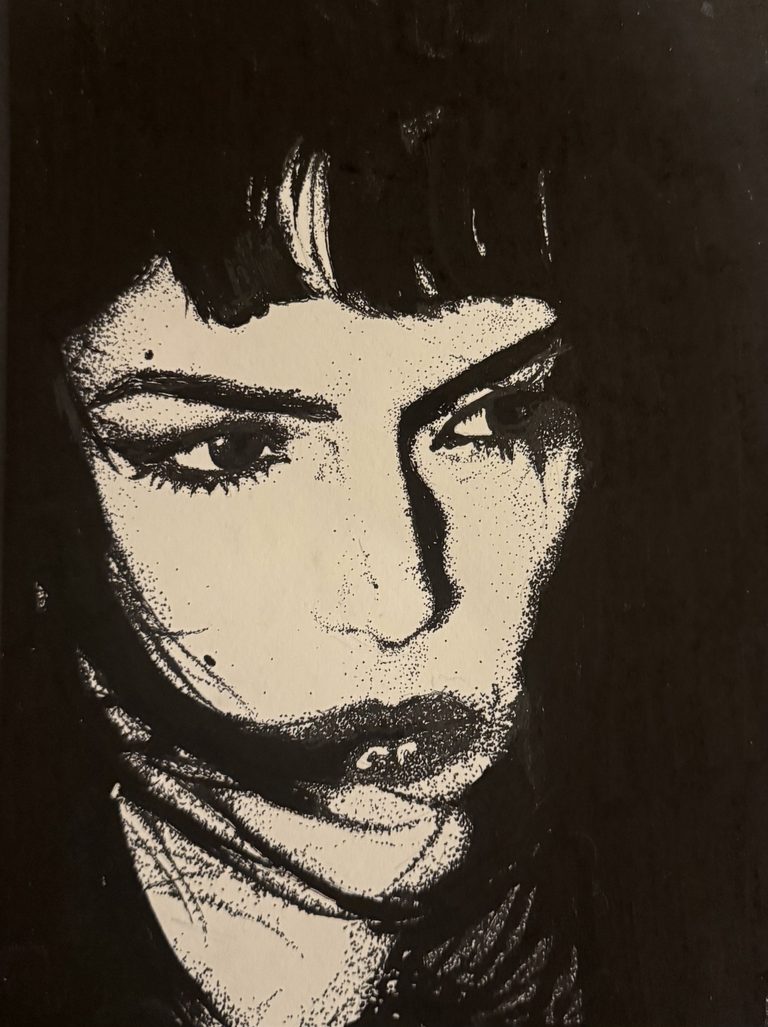 Stippled ink portrait of a woman with a fringe, half in shadow, on a black background